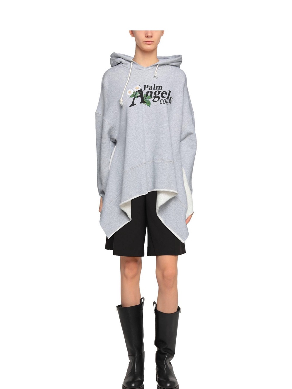 Palm Angels Light Gray Hooded Sweatshirt with Floral Logo Detail size xxs